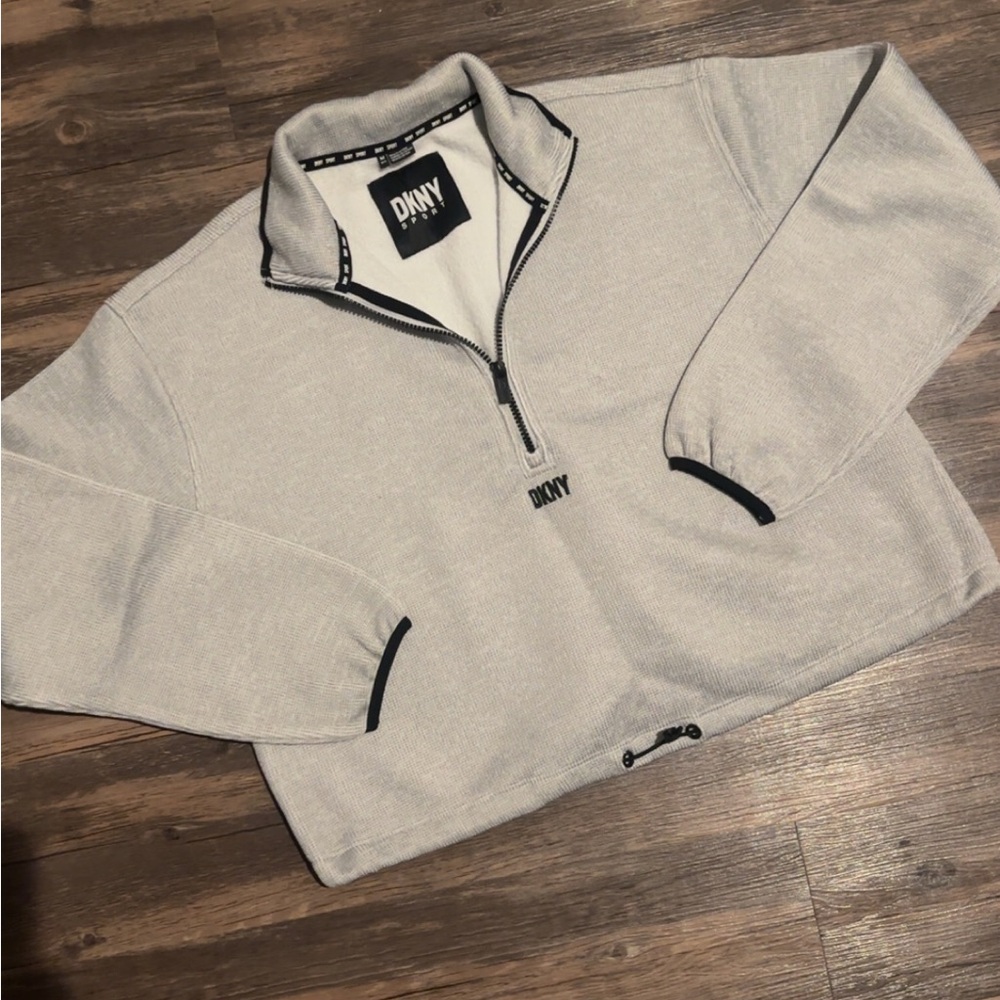 DKNY Light Gray Quarter-Zip Sweater with Black Trim